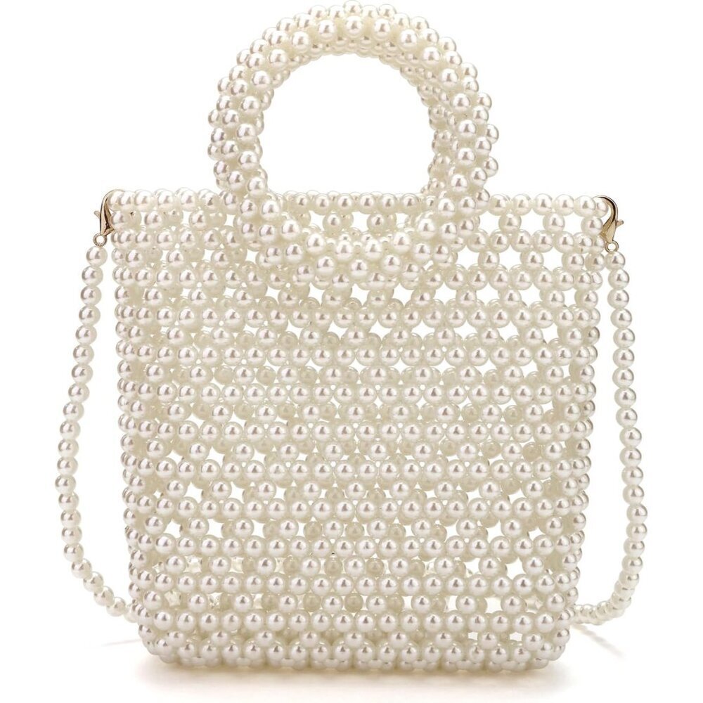 Women Pearl Clutch Bag Beaded Evening Purse Crossbody Wedding Top-Handle